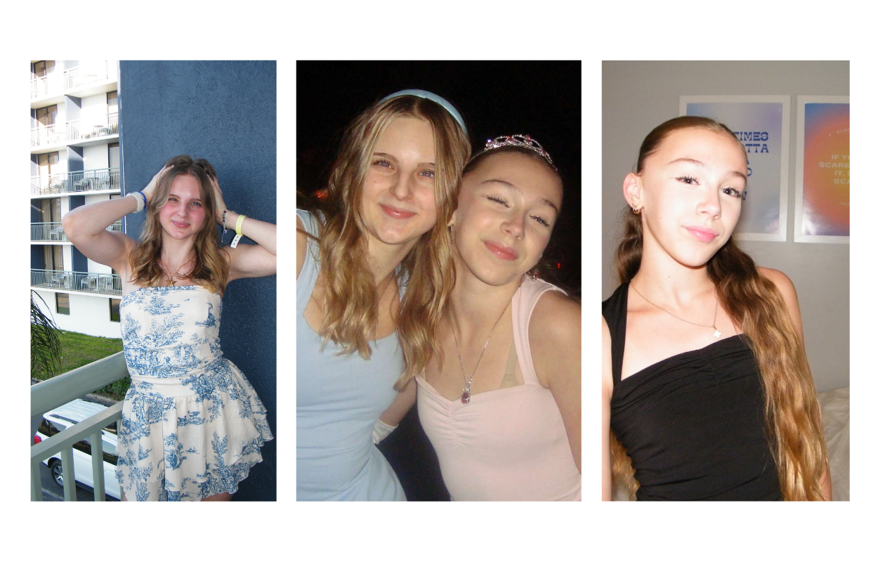 Three side-by-side images of a young woman in different settings.