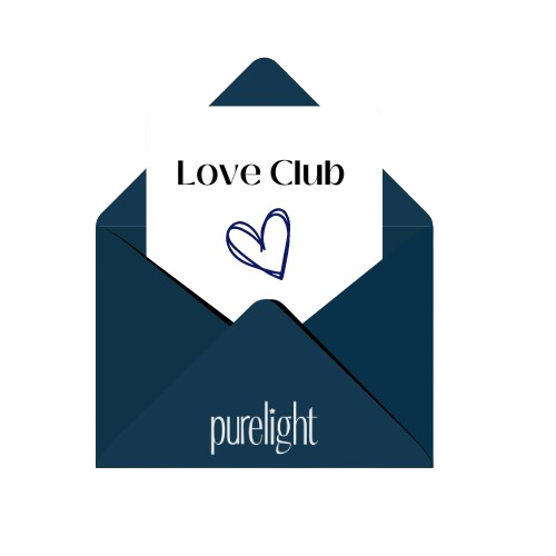 Enveloppe with words Love club including heart and Purelight logo. 